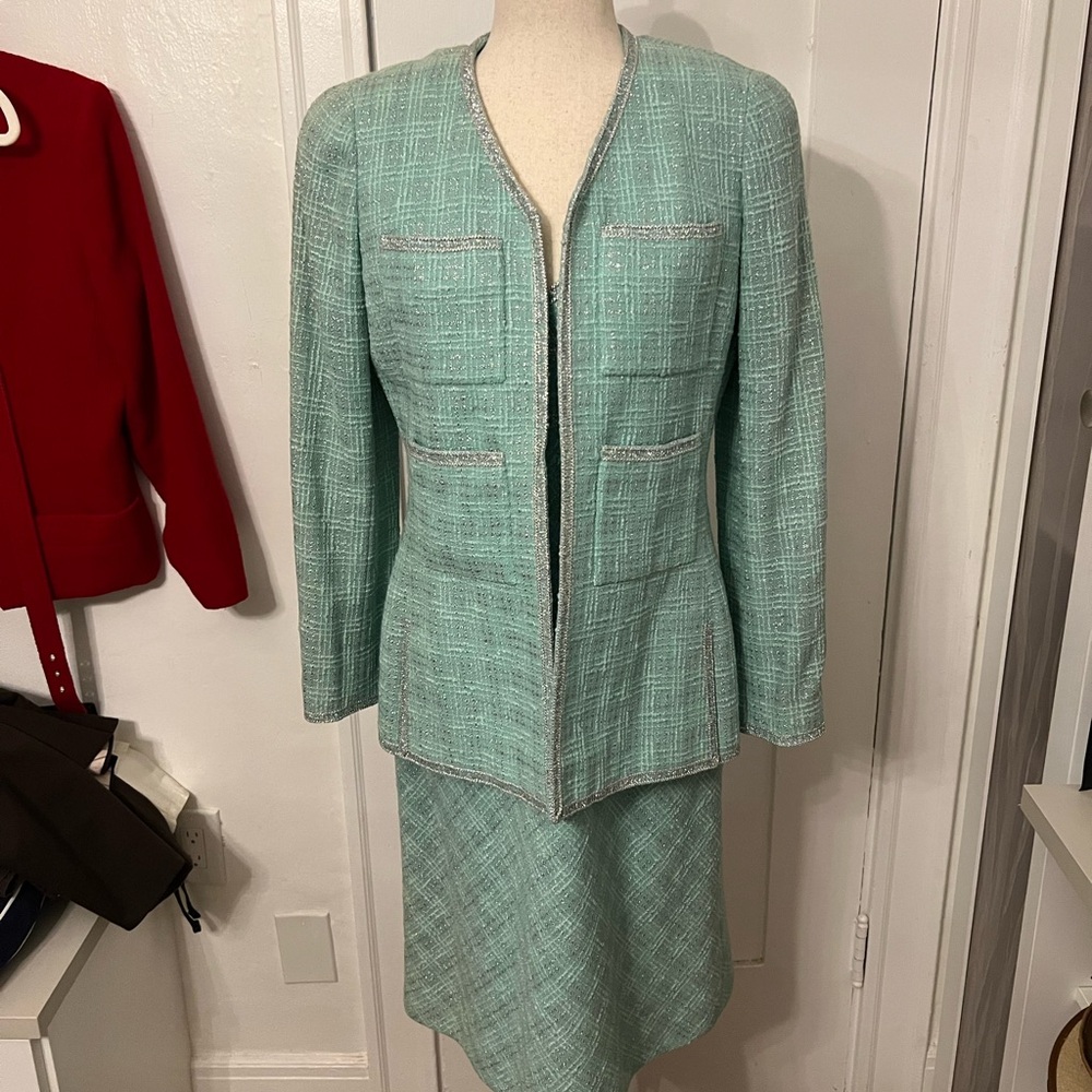 Vintage CHANEL turquoise and silver suit sz 42